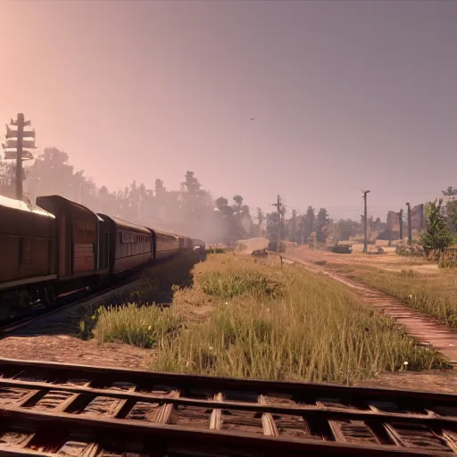 Image similar to A train in red dead redemption 2, screenshot, high quality image, widescreen, in-game engine, 8k, octane render