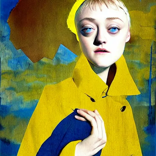 Image similar to Dakota Fanning with short blue hair wearing a yellow raincoat by Dave McKean