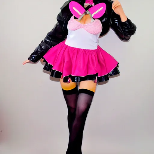 Image similar to anime barbie doll, leather bunny costume bodysuit, playboy, rabbit ears, plaid tights, full length, raspberry banana color, lace