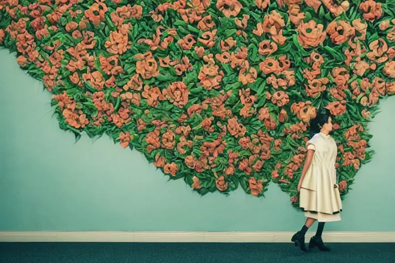 Image similar to giant flower head, girl walking in 1 9 6 0 hotel, surreal, symmetry, flat space, fanciful, hue, detailed, wes anderson