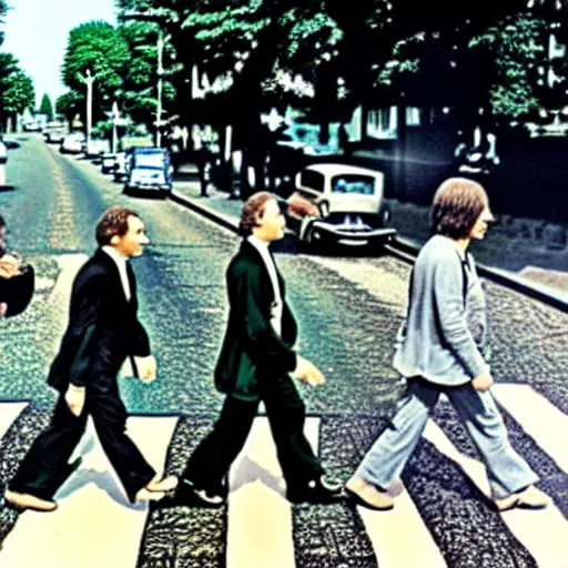 Prompt: the three stooges crossing abbey road,