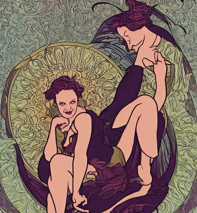 Image similar to Elizabeth Moss by Jamie McKelvie comic art, art nouveau, Peter Mohrbacher, Alphonse Mucha, full body shot