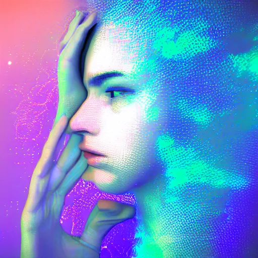 Prompt: glitchart young woman dreaming in vr, glitches, digital, hologram