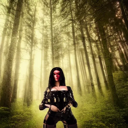 Image similar to sensual cyberpunk girl with mechanical eye in a forest