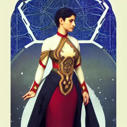 Prompt: islamic pattern, starfleet uniform, undersea, intricate, elegant, highly detailed, digital painting, artstation, concept art, smooth, sharp focus, illustration, art by artgerm and greg rutkowski and alphonse mucha and william - adolphe bouguereau