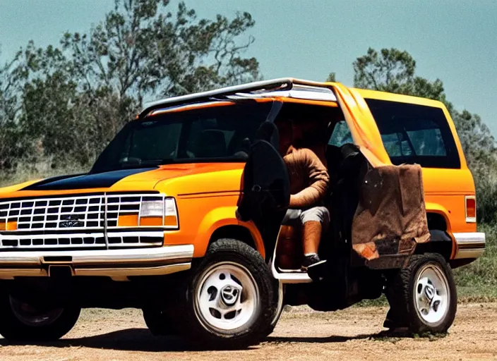 Prompt: a human orange juice jar driving a 1 9 9 4 white ford bronco news footage