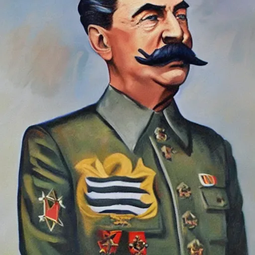 Prompt: ww 2 painting of joseph stalin wearing an adidas jumpsuit with 3 stripes