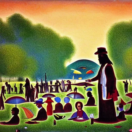 Image similar to a sunday afternoon on the island of la grande jatte in the style of pedro bell, parliament, funkadelic, george clinton, bootsy collins, the mothership, chocolate city