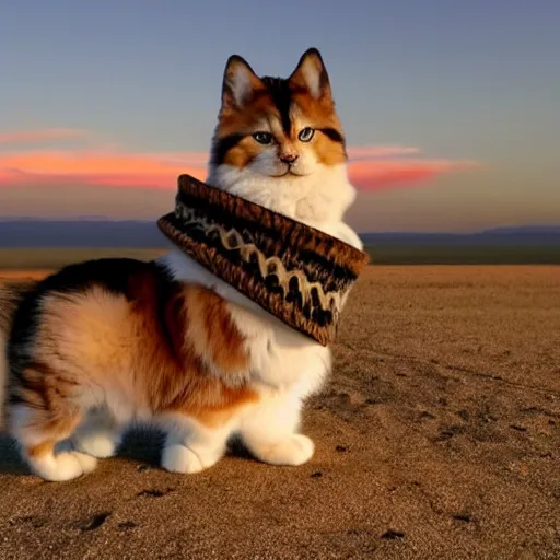 Image similar to siberian cat in a cowboy hat riding a corgi, wild west, sunset