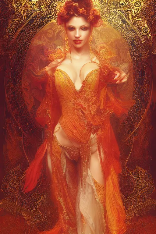 Image similar to tarot card artstation, portrait of a ravishing love dancer, sunrise, baroque ornament and rococo ornament, ancient chinese ornate, hyperdetailed, beautiful lighting, craig mullins, mucha, klimt, yoshitaka amano, depth, red and gold and orange color palette