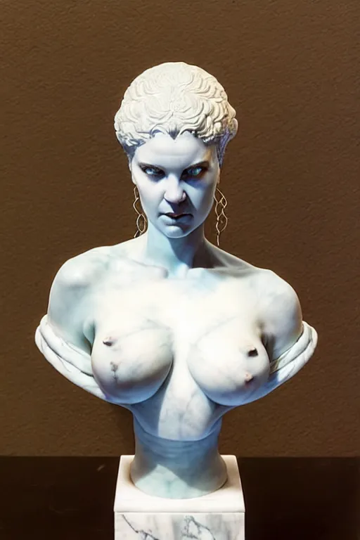 Image similar to realistic marble bust of a beautiful woman on a pedestal, by wayne barlowe, peter mohrbacher, kelly mckernan, james o barr