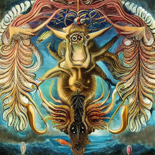 Image similar to strange mythical beasts of whimsy, surreal oil painting by ronny khalil and johfra, drawn by ernst haeckel, as an offering to zeus