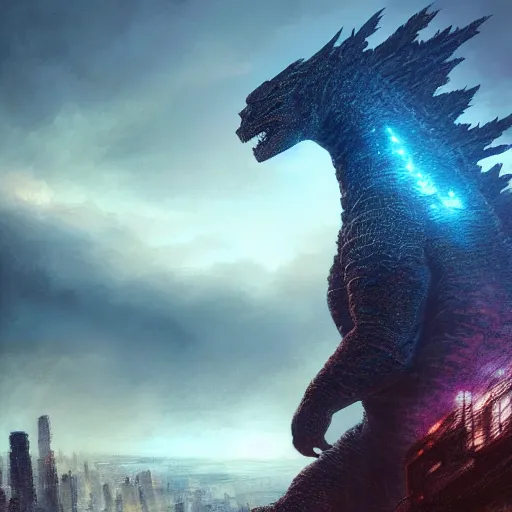 Image similar to godzilla, dramatic lighting, gorgeous view, depth, painted by stanley lau, painted by greg rutkowski, painted by stanley artgerm, digital art, trending on artstation