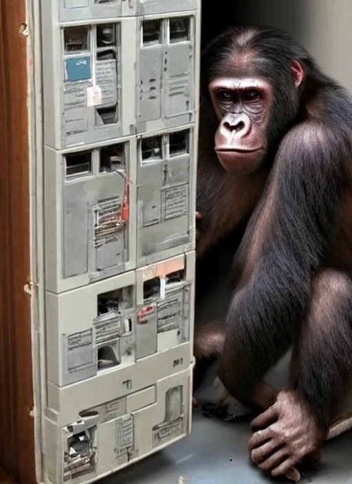 Image similar to scary hybrid human - ape, half human half ape inside fuse box in post communist apartment building