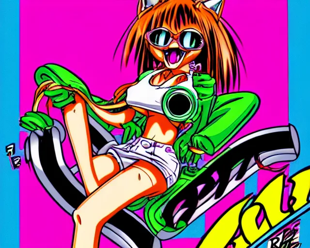 Image similar to high - quality anime catgirl in rat fink style by ed roth, crazy bulging eyes janky teeth riding in a hot rod, road rage, inspired by rat fink hot rods and 8 0 s bishoujo anime, vhs filter