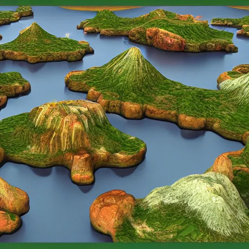 Image similar to 3d render overlooking fantasy valley floating islands