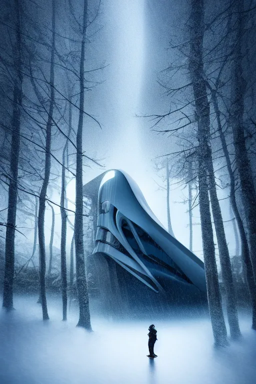 Image similar to a futuristic scene in front of a zaha hadid building in the forrest of the french alps in the style of chris moore, stormy weather with lightning, cinematic matte painting, extreme detail 8 k photo quality, dark moody colors, snowfall, featured on behance