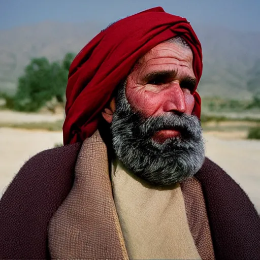 Prompt: portrait of president george w. bush as afghan man, green eyes and red scarf looking intently, photograph by steve mccurry