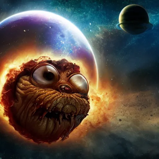 Image similar to one eldritch horror bloody garfield in space, galaxy, hd, 8 k, cinema footage, giant, epic, realistic photo, unreal engine, stars, prophecy, powerful, cinematic lighting, destroyed planet, debris, violent, sinister, ray tracing, dynamic, print, epic composition, dark, horrific, teeth, grotesque