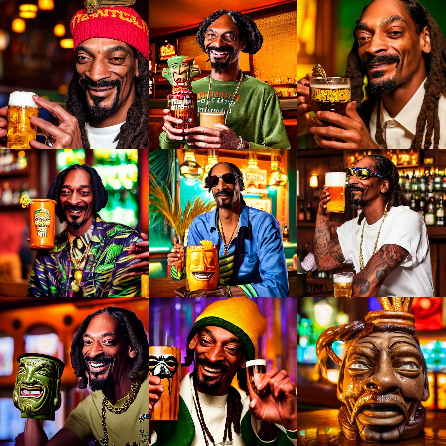 Prompt: a closeup photorealistic photograph of happy snoop dogg at trader vic's bar holding a tiki mug that features his face. brightly lit scene. this 4 k hd image is trending on artstation, featured on behance, well - rendered, extra crisp, features intricate detail, epic composition and the style of unreal engine.