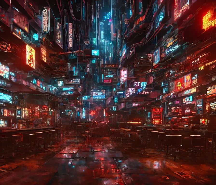 Image similar to a bar from a cyberpunk film, cinematic, hyper detailed, hd, 1 6 k