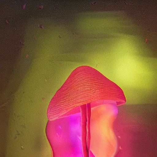 Prompt: luminescent pink and orange mycena fungi, emitting spores, midnight, fantasy art, mysterious, magical, hyperrealistic, detailed, soft lighting, fireflies