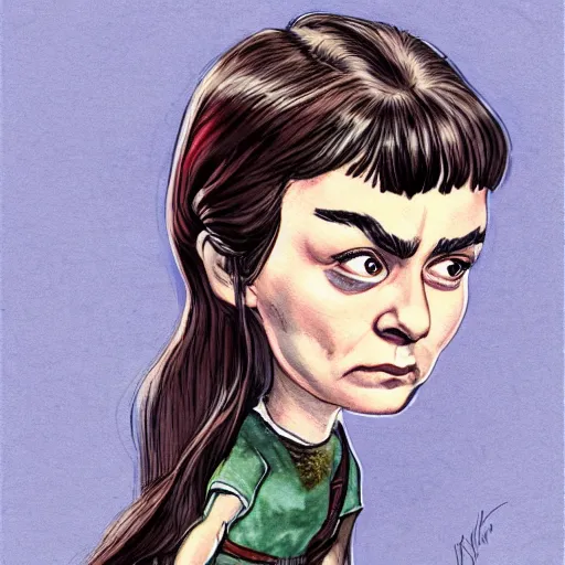 Image similar to caricature of arya stark by Mort Drucker, mad magazine, colored with watercolor, artstation