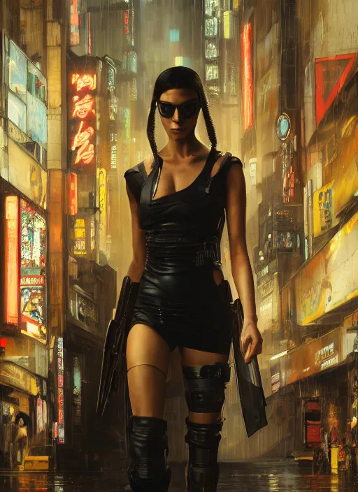 Image similar to Nikki Tanaka. Cyberpunk hitwoman in fashionable clothes (blade runner 2049, cyberpunk 2077). Orientalist portrait by john william waterhouse and James Gurney and Theodore Ralli and Nasreddine Dinet, oil on canvas. Cinematic, hyper realism, realistic proportions, dramatic lighting, high detail 4k