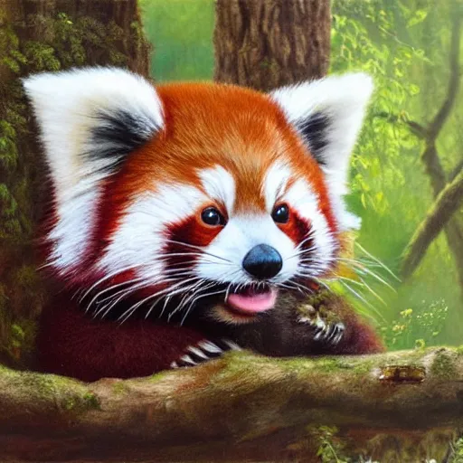 Prompt: cute fluffy baby red panda sitting in forest, detailed painting 4k in the style of mark brooks