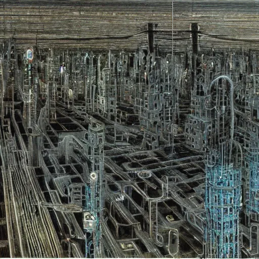 Image similar to city made of electronics by hr giger and zdzislaw beksinski