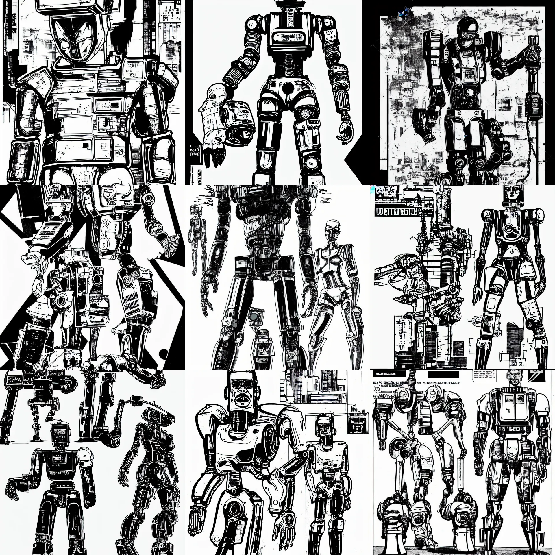 Prompt: industrial humanoid robot standing neutrally, robotic head, a page from cyberpunk 2 0 2 0, style of paolo parente, style of mike jackson, 1 9 9 0 s comic book style, white background, ink drawing, black and white