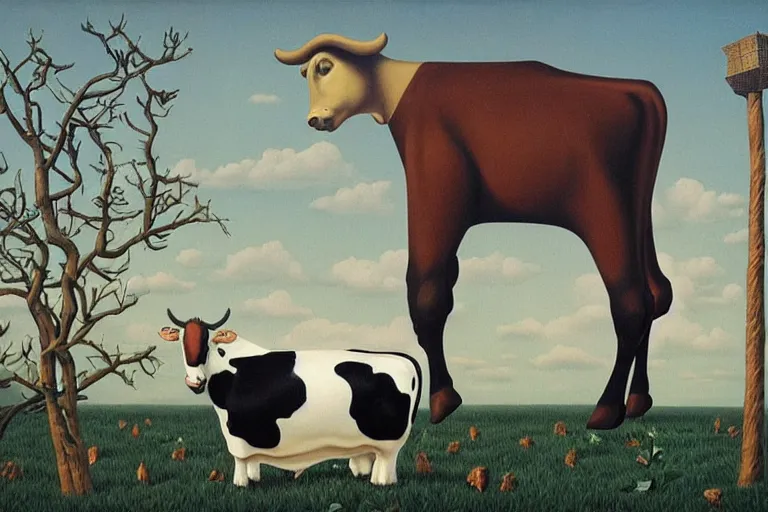 Image similar to 'Wherever you go, a cow is always watching you', lowbrow painting by Mark Ryden and René Magritte