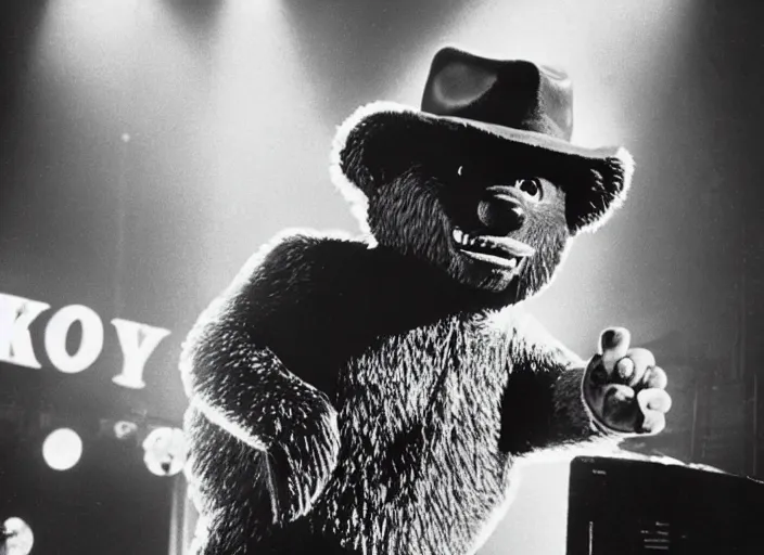 Image similar to publicity photo still of smokey the bear on tour with ozzy osborne live on stage, 8 k, live concert lighting, mid shot