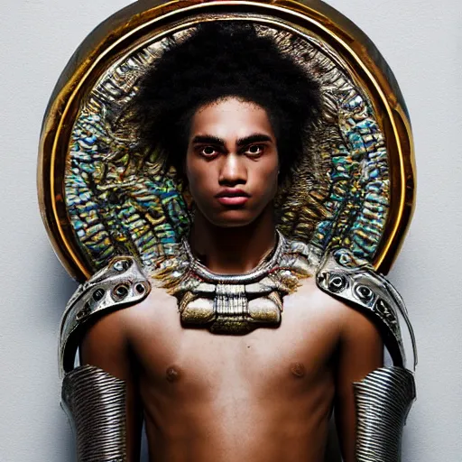 Image similar to a portrait of a beautiful young atlantean male wearing an alexander mcqueen armor , photographed by andrew thomas huang, artistic