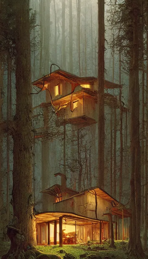 Image similar to cozy home in the woods moody lighting, highly detailed, painting by zdzisław beksinski and norman rockwell and greg rutkowskiweta studio, and lucasfilm