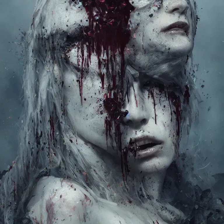 Image similar to A portrait of a monstrous women cuts all over her face by Greg Rutkowski, Sung Choi, Mitchell Mohrhauser, Maciej Kuciara, Johnson Ting, Maxim Verehin, Peter Konig, Bloodborne, 8k photorealistic, cinematic lighting, HD, high details, dramatic, dark atmosphere, trending on artstation