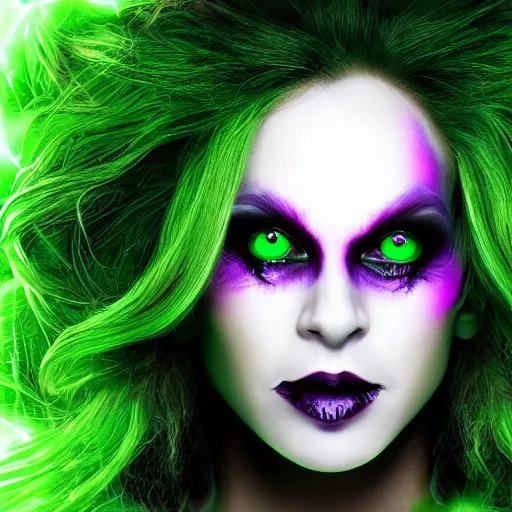Prompt: a portrait photo of a poison themed female villain, glowing green, poison dripping, poison teeth, detailed character design, symmetrical face, purple highlights, one purple eye, detailed eyes