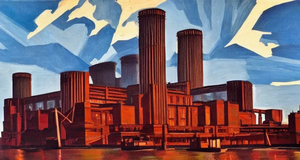 Image similar to battersea power station, highly detailed, dramatic lighting, intense shadows, rich deep colours, by roy lichtenstein