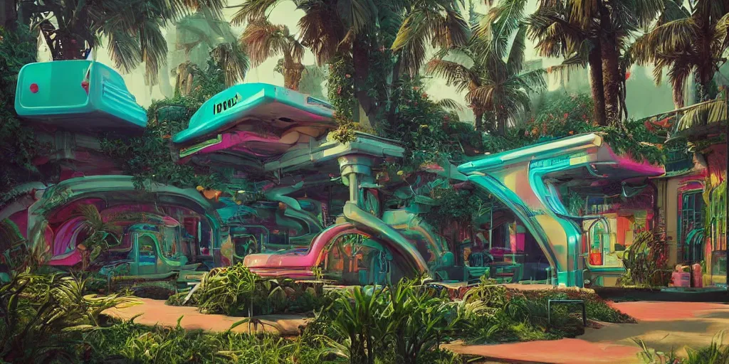 Image similar to 80s outdoor retro arcade, chrome, pastel colors, desolate, lush vegetation, moody:: by beeple and James Gilleard and Justin Gerard :: ornate, dynamic, particulate, intricate, elegant, highly detailed, centered, artstation, smooth, sharp focus, octane render, 3d