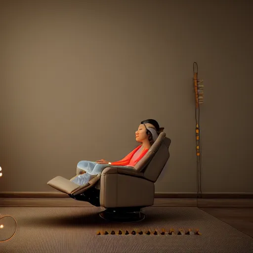 Image similar to recliner chair floating in space, acupuncture treatment, rendered in octane, 8 k, photorealistic person receiving acupuncture, galactic background, dreamy, dramatic lighting, universe scale