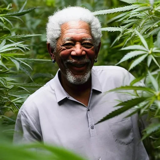 Prompt: a photograph of morgan freeman happy in a cannabis garden