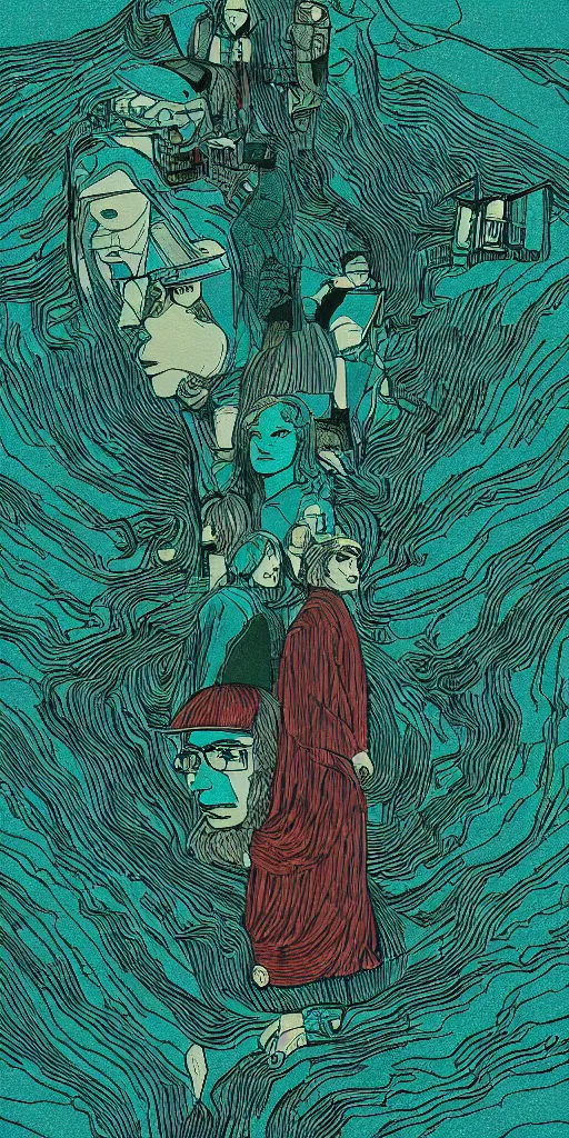 Image similar to eternal sunshine of the spotless mind, film grain, poster, style of 2d retro woodblock, layers of surreal geology, black fine lines on teal , stanley donwood, victo ngai, orthographic Wes Anderson