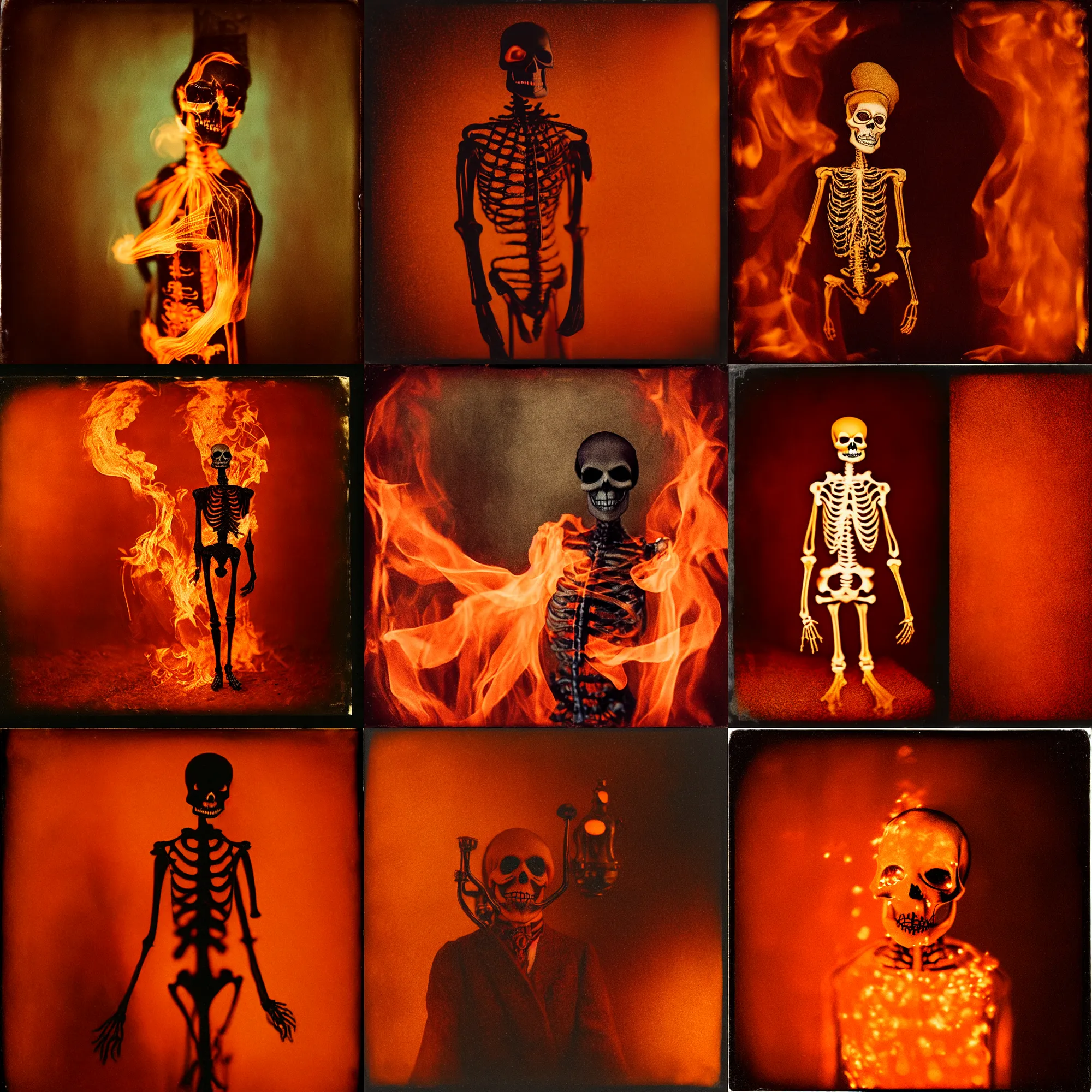 Prompt: kodak portra 4 0 0, wetplate, motion blur, portrait photo of a backdrop, skelleton, golden 1 9 2 0 s, coloured in orange fire, sparkling, by britt marling, muted colours