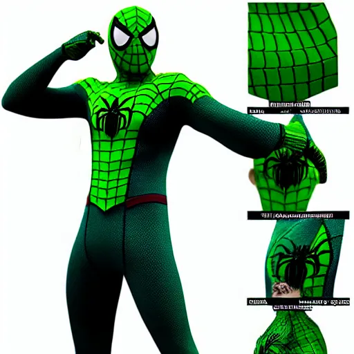 Image similar to green spider - man suit with black web lining, cinematic, volumetric lighting, realistic, hyperdetailed, photorealistic, photograph