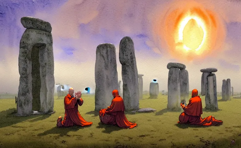 Image similar to a hyperrealist watercolour character concept art portrait of a small grey medieval monk and a giant orange medieval monk kneeling down in prayer in front of a futuristic stonehenge on a misty night. a ufo is in the sky. by rebecca guay, michael kaluta, charles vess and jean moebius giraud