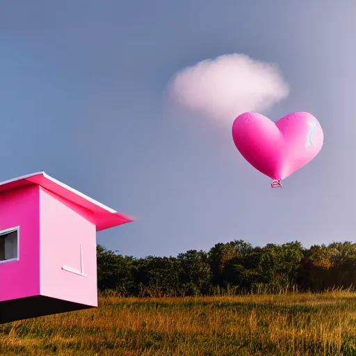 Image similar to a 5 0 mm lens photograph of a cute pink floating modern house, floating in the air between clouds, inspired by the movie up, held up from above by heart ballons. mist, playful composition canon, nikon, award winning, photo of the year