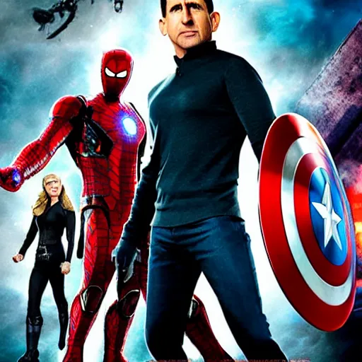 Prompt: marvel movie poster but everyone is steve carrell