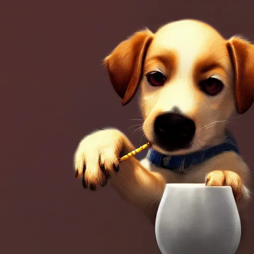 Image similar to cute puppy drinking juice, masterpiece, 8k, fantasy, cinematic lighting, highly detailed, digital painting, artstation, smooth, sharp focus, illustration, by Pixar