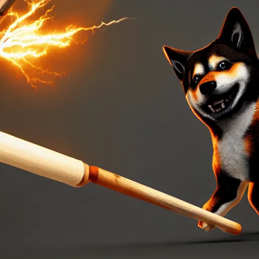 Image similar to highly detailed digital art, shiba inu holding a baseball bat on his hand, cinematic lightning, 4 k, ultra detailed, octane render, trending on artstation, masterpiece, digital art.