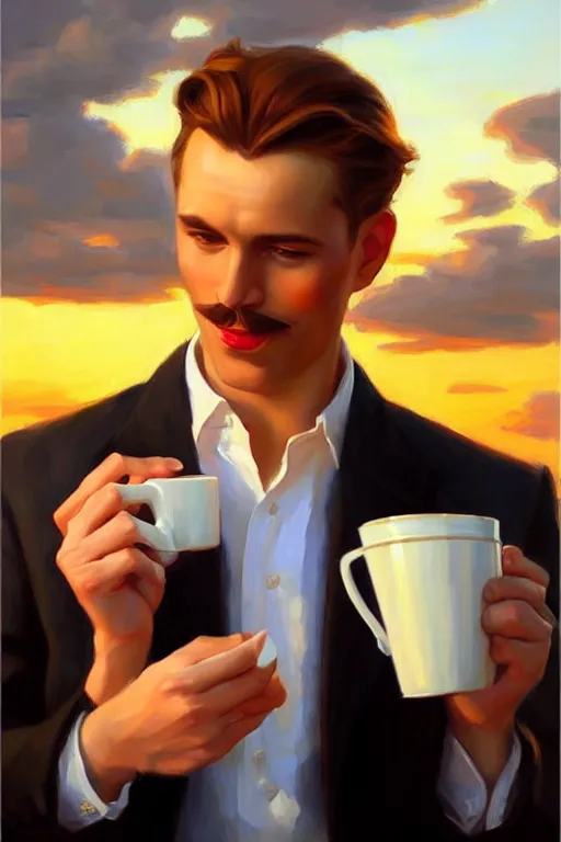 Image similar to attractive man drinking coffee, sunset, painting by vladimir volegov, j. c. leyendecker, tom of finland, trending on artstation